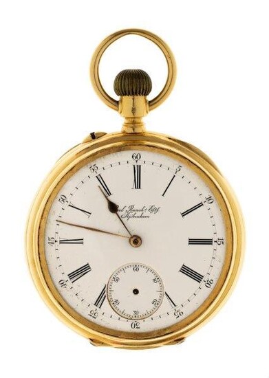 A gold open-face keyless lever pocket watch, the white enamel dial with Roman numerals, and subsidiary dial for constant seconds (second hand deficient) gilt hands, signed Carl Ranch Eftf, Hjobenhavn, the nickel finish jewelled lever movement with...