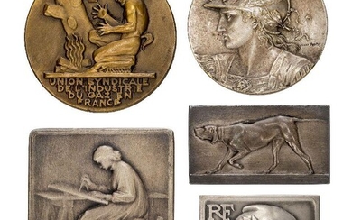A group of Five French Medallions, Comprising:- Pierre Alexandre Morlon (French 1878-1951), a silver medallion, signed A Morlon, stamped D’Argent, on the front and showing the profile of a woman and letters RF, reverse with cast inscription from...