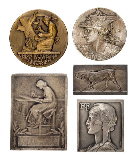 A group of Five French Medallions, Comprising:- Pierre Alexandre Morlon (French 1878-1951), a silver medallion, signed A Morlon, stamped D’Argent, on the front and showing the profile of a woman and letters RF, reverse with cast inscription from...