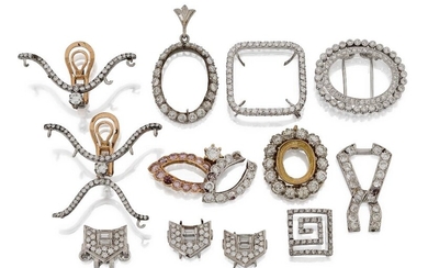 A group of diamond-set fittings and mounts, including an old-brilliant-cut diamond-set oval mount, central stone deficient; three other diamond-set mounts with central stones deficient; and a group of various diamond-set earclip fittings and...