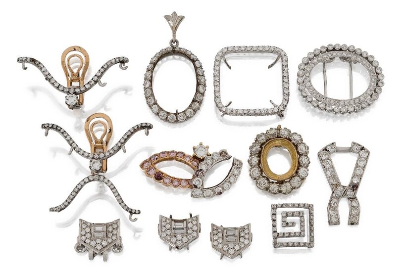 A group of diamond-set fittings and mounts, including an old-brilliant-cut diamond-set oval mount, central stone deficient; three other diamond-set mounts with central stones deficient; and a group of various diamond-set earclip fittings and...