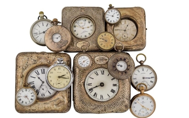 A group of late 19th and early 20th century silver pocket and fob watches, including: a silver keyless lever demi-hunter case pocket watch, by Waltham; a nickel plated goliath keyless lever pocket watch in silver mounted travelling case; a silver...