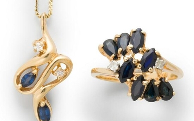 A group of sapphire and fourteen karat gold jewelry