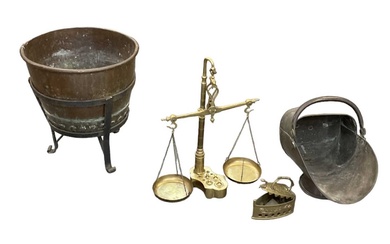 A large cast iron framed copper bucket, diameter 43cm, height...