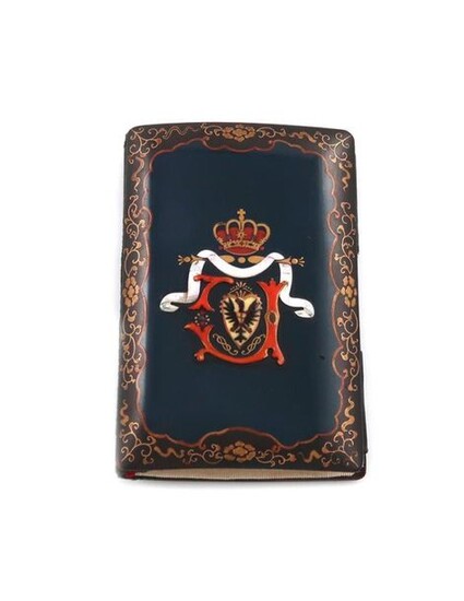 A late 19th century Japanese lacquered aide memoire cover, circa 1880, rectangular form, foliate borders, the centre enamelled and inlaid with mother-of-pearl with the arms of a European family, possibly Austrian, the reverse with a Japanese landscape...