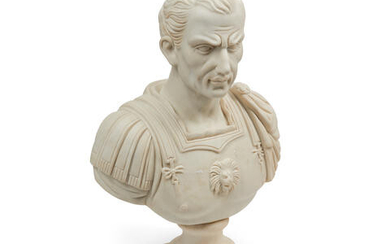 A marble bust of a Roman soldier