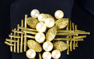 A mid 20th century 14ct gold cultured pearl foliate and interwoven bar brooch.