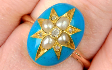 A mid Victorian 18ct gold rose and old-cut diamond, split pearl and blue enamel ring.