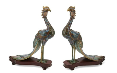 A pair of Chinese cloisonne peacock vessels