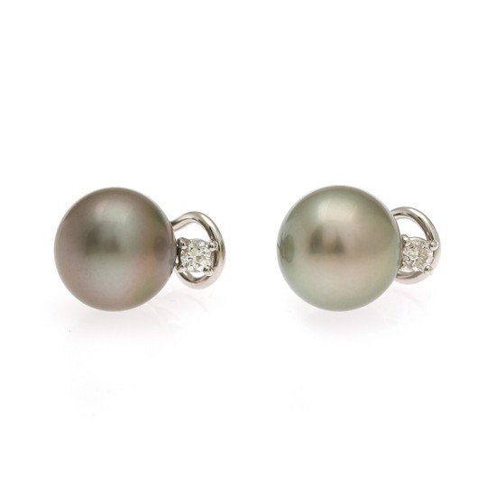 A pair of Tahiti pearl and diamond ear pendants each set with a cultured Tahiti pearl and a brilliant-cut diamond, mounted in 18k white gold. (2)