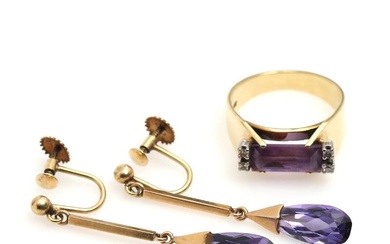 A pair of amethyst ear screws and an amethyst and diamond ring...