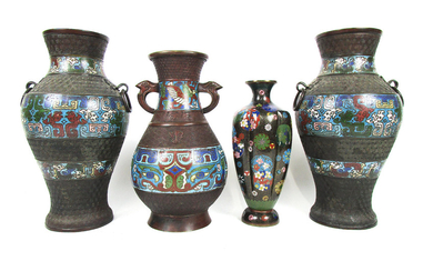 A pair of bronze and enamel vases, hu, a single example similar and a Japanese cloisonné enamel vase