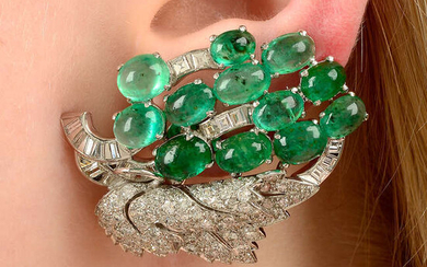 A pair of emerald cabochon and diamond earrings.