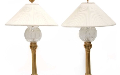 A pair of gilt brass and glass table lamps