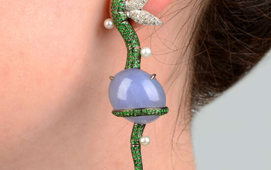 A pair of lavender jade, green garnet, diamond and seed pearl earrings, by Fei Liu.