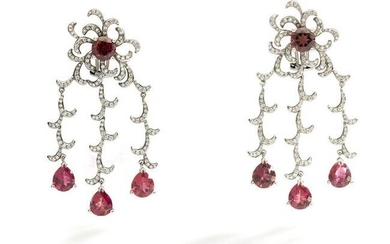 A pair of pink tourmaline and diamond pendent earrings