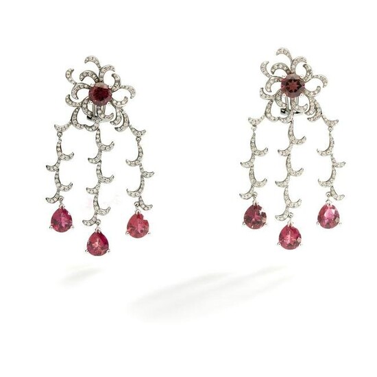 A pair of pink tourmaline and diamond pendent earrings