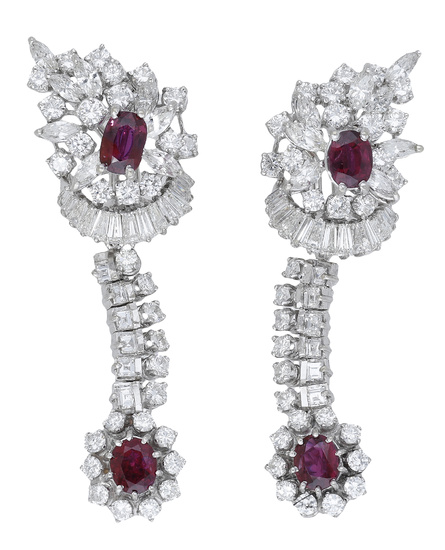 A pair of ruby and diamond ear clips, the tiered clusters set...