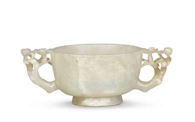 A pale celadon jade handled cup, Late Ming dynasty | 晚明 青白玉雙耳杯, A pale celadon jade handled cup, Late Ming dynasty | 晚明 青白玉雙耳杯