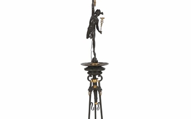 SOLD. A patinated and gilded French bronze standard lamp with textile covered base. Late 19th century. H. 178 cm. – Bruun Rasmussen Auctioneers of Fine Art