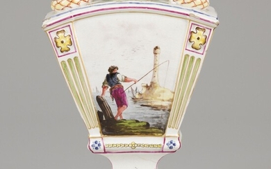 A porcelain tulip vase with a decor of a fisherman, Höchst Germany, circa 1760.
