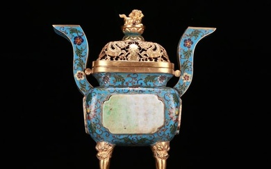 A precious cloisonne inlaid white jade censer with double ears and four legs with dragon pattern, wi