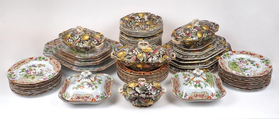 A quantity of British porcelain, 19th century, to include a Spode part-dinner service, Chinoiserie design depicting garden scenery, 29 pieces in total, a Victorian part dinner service decorated in the Aesthetic taste, maker's marks Brown and...