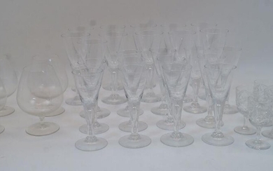 AMENDMENT: Please note, the glasses in this lot are Georgian style and of modern manufacture, not Georgian period as stated in the cataloguing. A quantity of mixed glassware, to include: eleven Georgian red wine glasses, 19cm high; eleven similar...