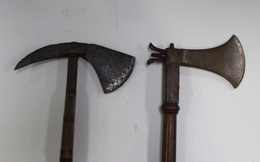 A rare late 19th century hunting axe/Bowie knife combination tool with staghorn grips and one foldin