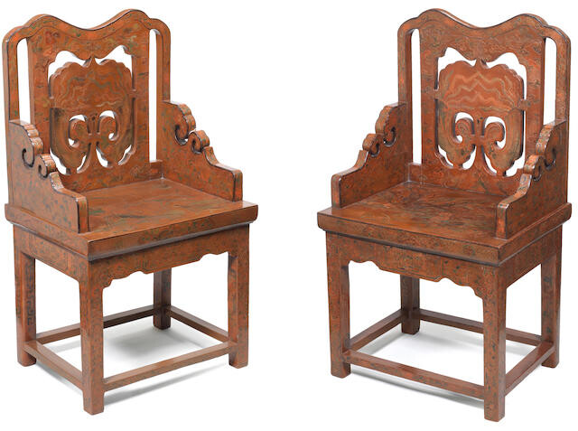 A rare pair of qianyin and tianqi lacquer 'phoenix' armchairs