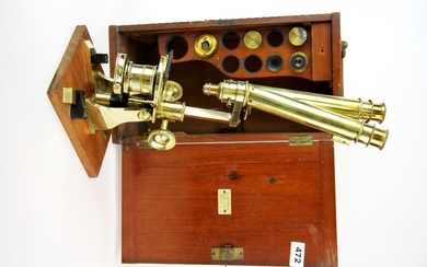 A superb 19th century mahogany cased brass binocular microscope (probably by Parks) case H. 38cm.