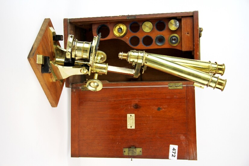 A superb 19th century mahogany cased brass binocular microscope (probably by Parks) case H. 38cm.