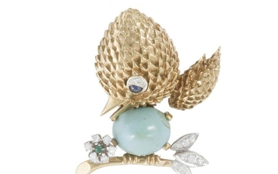 A turquoise, diamond and gem-set chickadee brooch