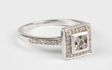 A white gold and diamond square cluster ring, mounted with the five principal circular cut diamonds