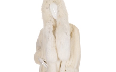 A white mink and fox fur hooded coat, featuring arctic fox f...