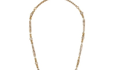 AN ANTIQUE CHAIN NECKLACE in yellow gold, comprising a row of fancy links and pierced batons, no