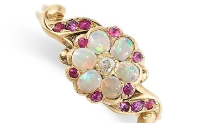 AN ANTIQUE OPAL, DIAMOND AND RUBY DRESS RING, 19TH