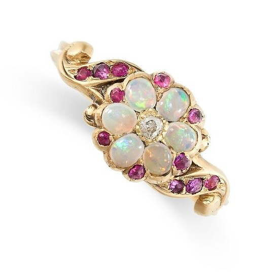 AN ANTIQUE OPAL, DIAMOND AND RUBY DRESS RING, 19TH