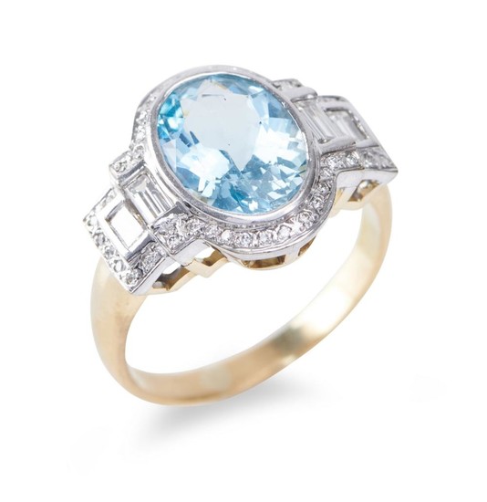 AN AQUAMARINE AND DIAMOND RING - Of Art Deco style, featuring an oval aquamarine weighing an estimated 3.05cts, flanked by stepped e...