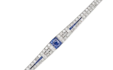 AN ART DECO AUSTRIAN SAPPHIRE AND DIAMOND BRACELET in platinum and white gold, set with a cushion