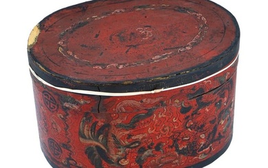 ANTIQUE CHINESE QING RED LACQUER LIDDED HAT BOX