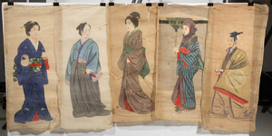 ANTIQUE JAPANESE WATERCOLOR PAINTINGS ON SILK, LOT OF FIVE