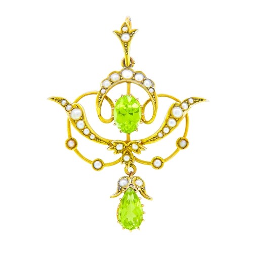ANTIQUE VICTORIAN PEARL AND PERIDOT PENDANT, of openwork scr...