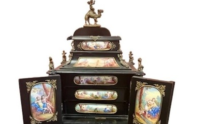 Amazing 19th C Viennese Enamel Mounted Table Cabinet / Jewelery Casket