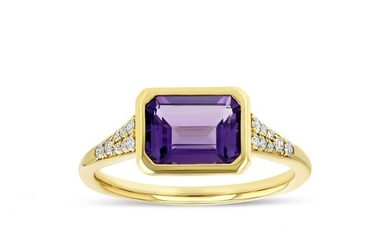 Amethyst And Diamond Prong-set Ring In 14k Yellow Gold 1/10ctw