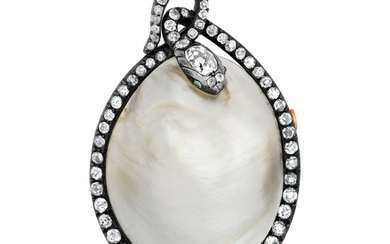 An Antique Blister Pearl, Diamond, Silver and Gold Brooch, circa 1900