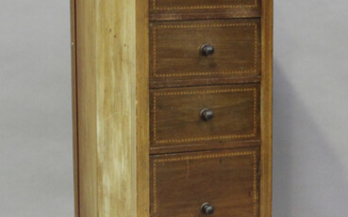 An Edwardian mahogany and chequer inlaid narrow chest of three drawers, fitted with a small lower ca