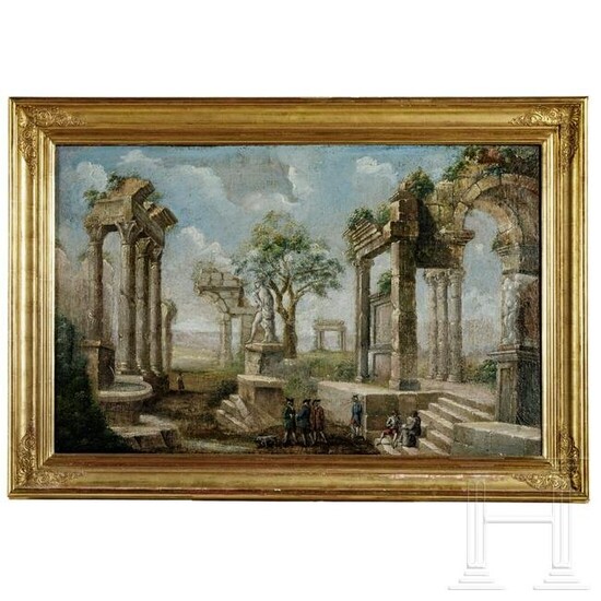 An Italian painting of a landscape with antique ruins