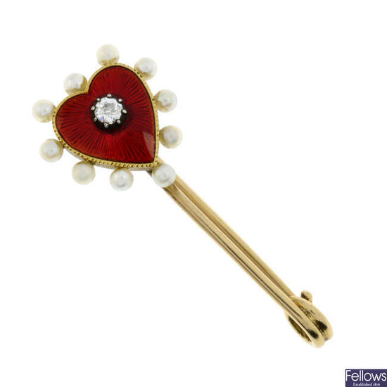 An early 20th century old-cut diamond, seed pearl and red enamel heart brooch.