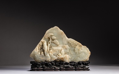 An imperially inscribed 'Zhulu shanfang' celadon jade boulder, Qing dynasty, Qianlong period | 清乾隆 青玉雕御題「竹爐山房」圖山子